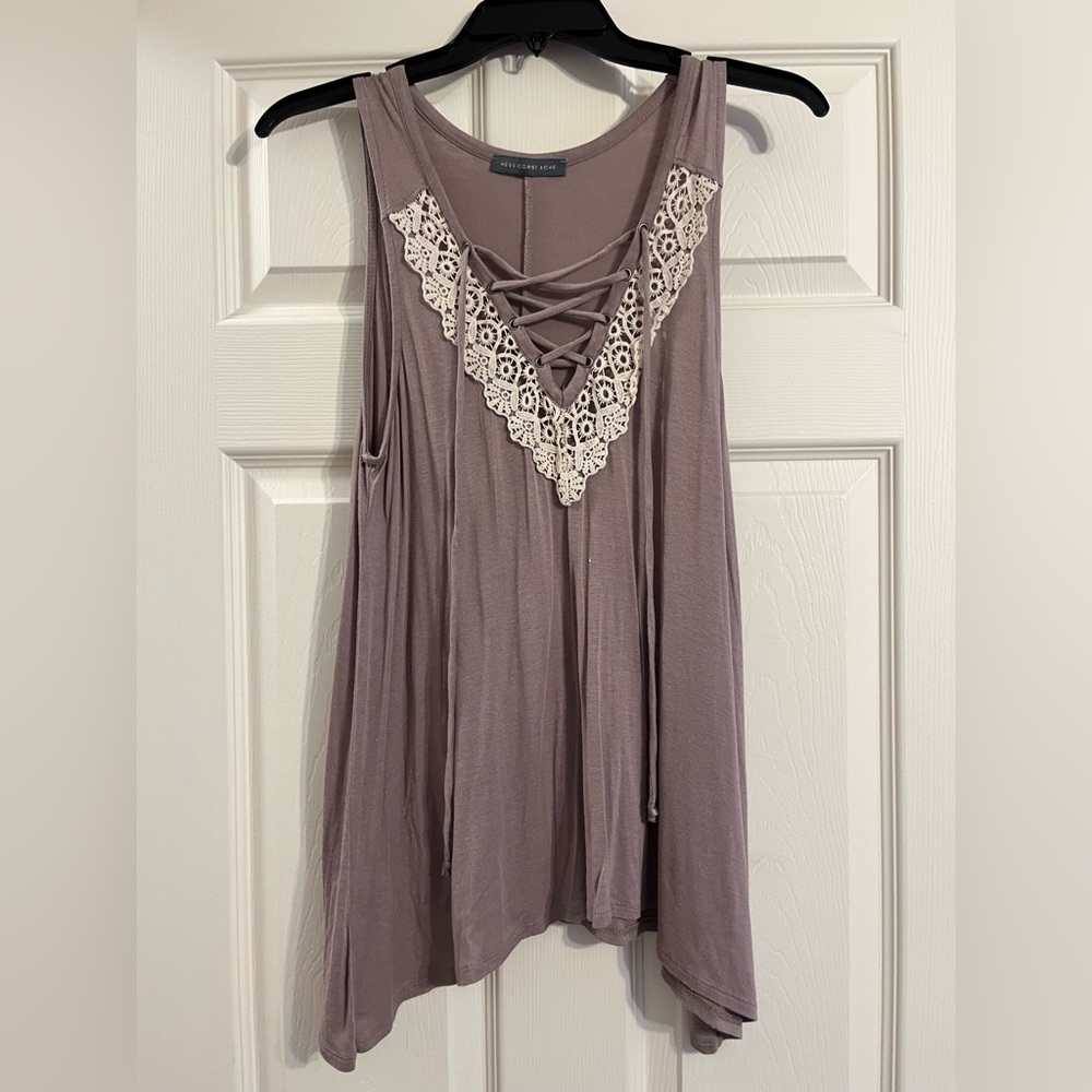 Lace-Trimmed Taupe Sleeveless Top